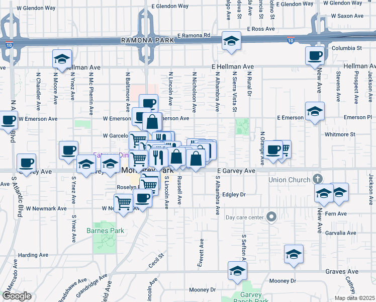 map of restaurants, bars, coffee shops, grocery stores, and more near 205 North Nicholson Avenue in Monterey Park