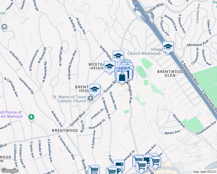 map of restaurants, bars, coffee shops, grocery stores, and more near 11767 Sunset Boulevard in Los Angeles