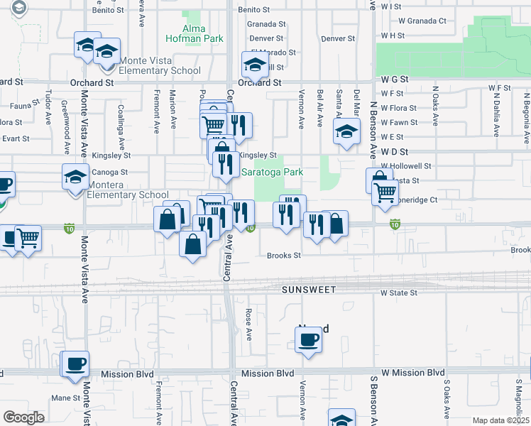map of restaurants, bars, coffee shops, grocery stores, and more near 5436 Holt Boulevard in Montclair