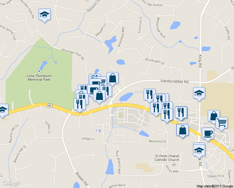 map of restaurants, bars, coffee shops, grocery stores, and more near 210 Hardscrabble Road in Roswell