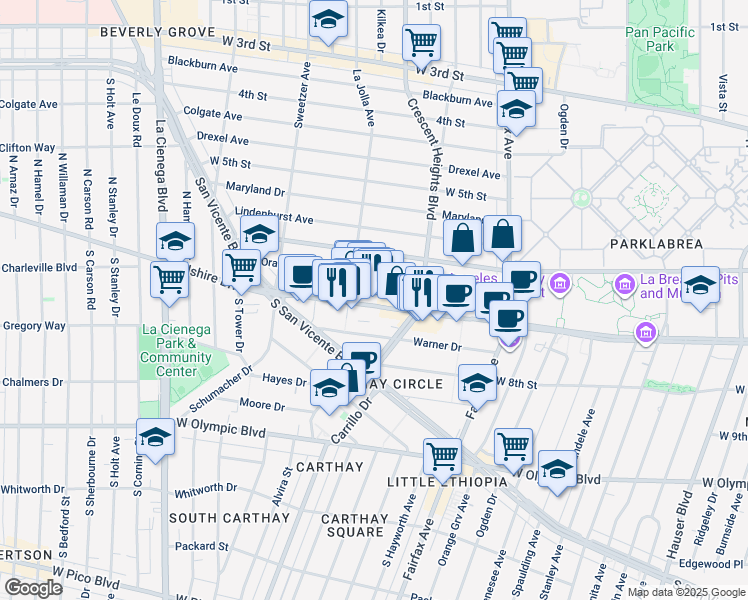 map of restaurants, bars, coffee shops, grocery stores, and more near in Los Angeles
