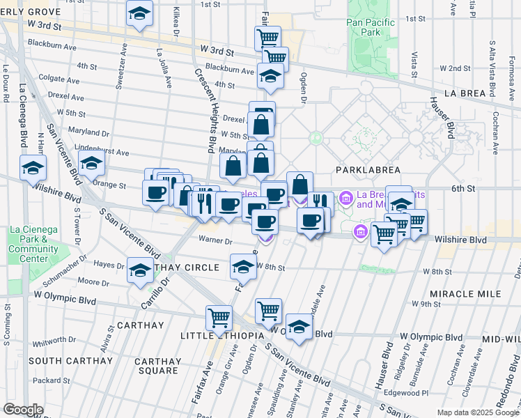map of restaurants, bars, coffee shops, grocery stores, and more near 637 South Fairfax Avenue in Los Angeles