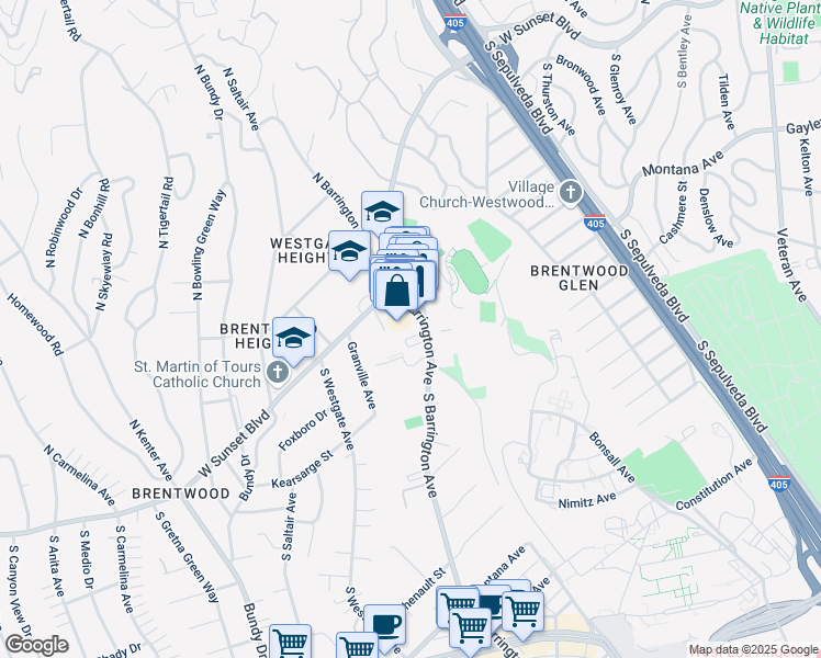 map of restaurants, bars, coffee shops, grocery stores, and more near 233 South Barrington Avenue in Los Angeles