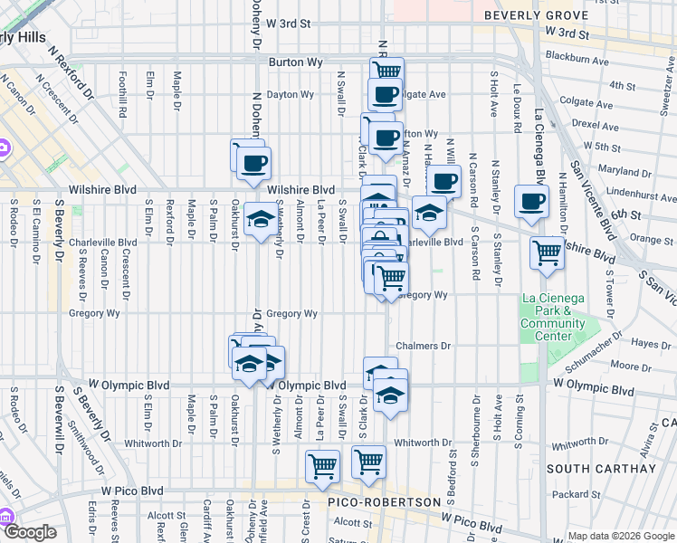 map of restaurants, bars, coffee shops, grocery stores, and more near 229 South Swall Drive in Beverly Hills