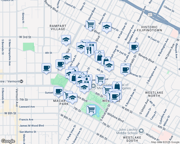 map of restaurants, bars, coffee shops, grocery stores, and more near 3107 West 5th Street in Los Angeles