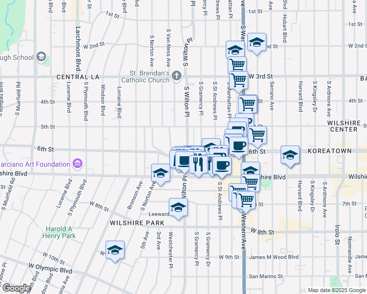 map of restaurants, bars, coffee shops, grocery stores, and more near 549 South Wilton Place in Los Angeles