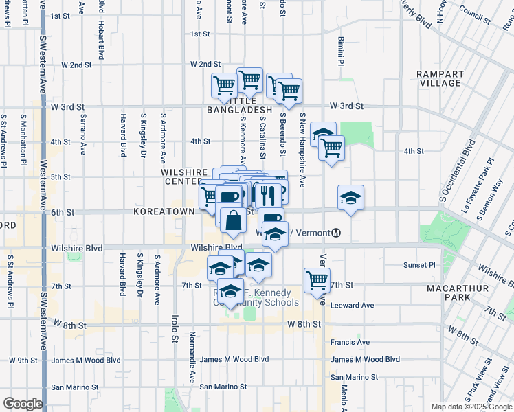 map of restaurants, bars, coffee shops, grocery stores, and more near 3400 West 6th Street in Los Angeles