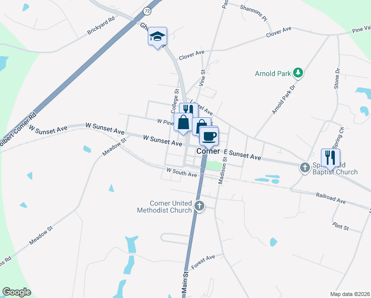 map of restaurants, bars, coffee shops, grocery stores, and more near 1959 Center Street in Comer