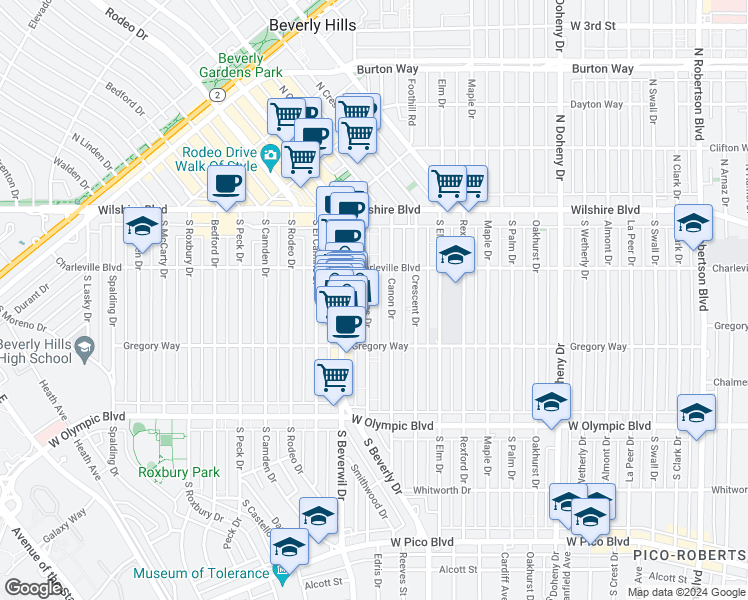 map of restaurants, bars, coffee shops, grocery stores, and more near 228 South Reeves Drive in Beverly Hills