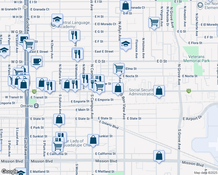 map of restaurants, bars, coffee shops, grocery stores, and more near 803 East Holt Boulevard in Ontario