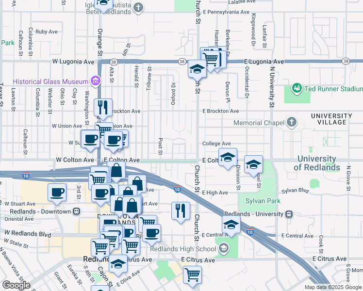 map of restaurants, bars, coffee shops, grocery stores, and more near Lombard Drive in Redlands