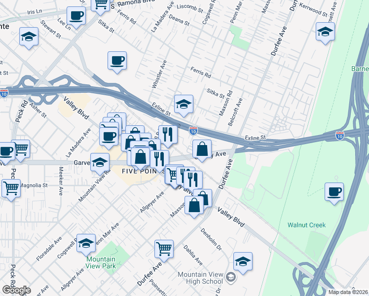 map of restaurants, bars, coffee shops, grocery stores, and more near 12114 1/2 Clora Place in El Monte