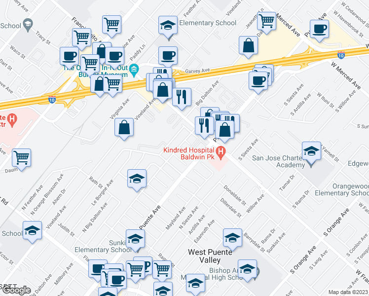 map of restaurants, bars, coffee shops, grocery stores, and more near 14011 Donaldale Street in La Puente