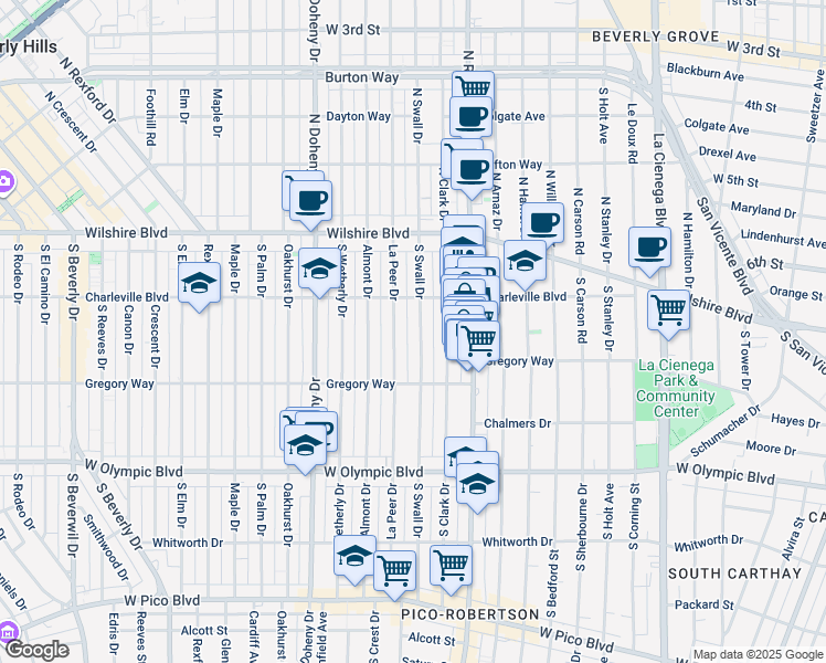 map of restaurants, bars, coffee shops, grocery stores, and more near 229 South Swall Drive in Beverly Hills