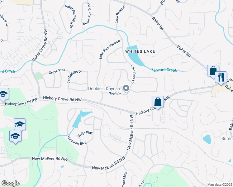 map of restaurants, bars, coffee shops, grocery stores, and more near 3028 Lake Park Drive in Acworth