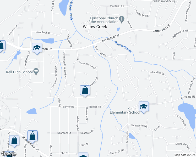 map of restaurants, bars, coffee shops, grocery stores, and more near 4764 Jamerson Forest Circle in Marietta