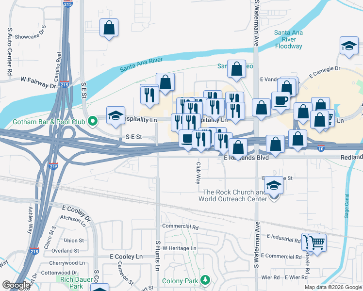 map of restaurants, bars, coffee shops, grocery stores, and more near 591 East 9th Street in San Bernardino