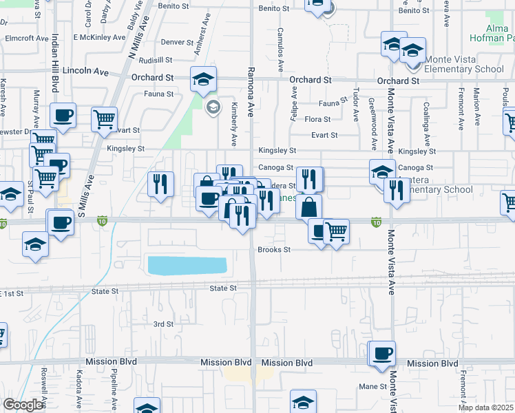 map of restaurants, bars, coffee shops, grocery stores, and more near 10484 Calico Court in Montclair