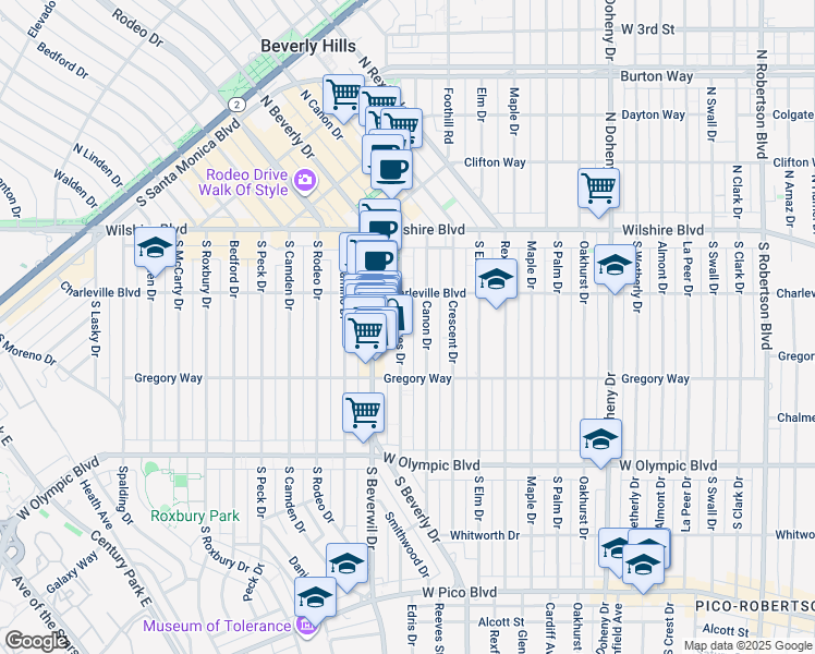 map of restaurants, bars, coffee shops, grocery stores, and more near 228 South Reeves Drive in Beverly Hills