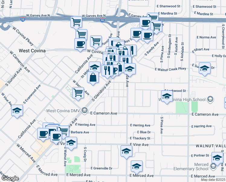 map of restaurants, bars, coffee shops, grocery stores, and more near 624 South Glendora Avenue in West Covina