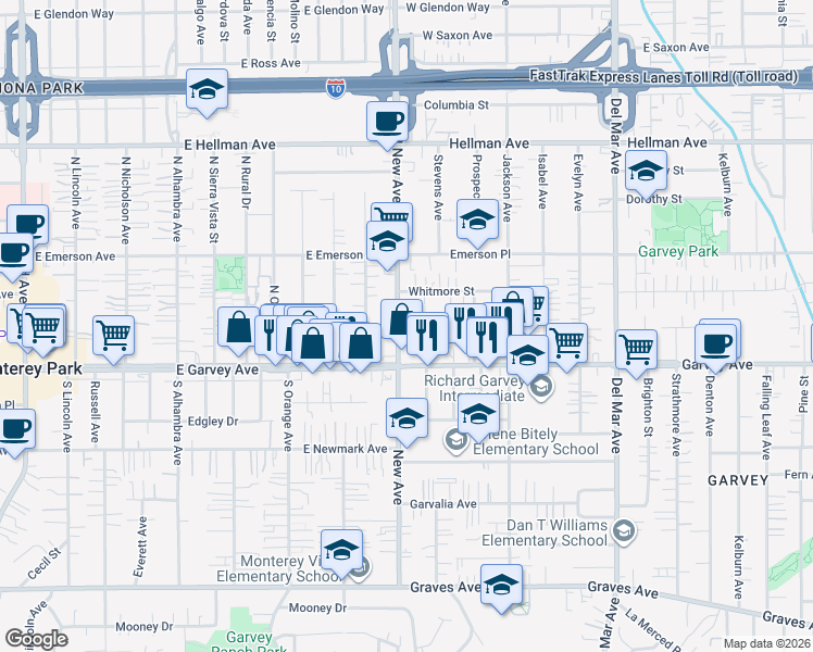 map of restaurants, bars, coffee shops, grocery stores, and more near 123 New Avenue in Monterey Park
