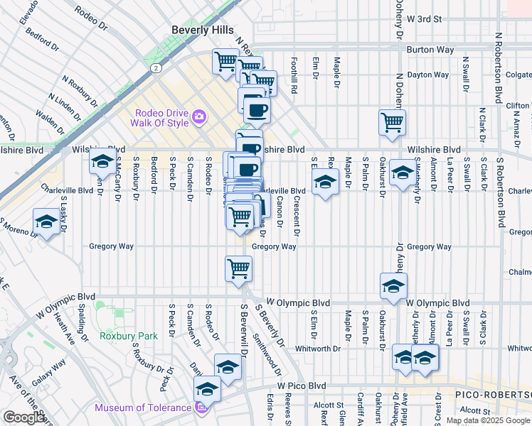 map of restaurants, bars, coffee shops, grocery stores, and more near 228 South Reeves Drive in Beverly Hills