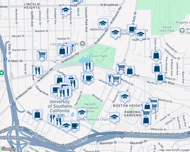 map of restaurants, bars, coffee shops, grocery stores, and more near 2215 Alcazar Street in Los Angeles