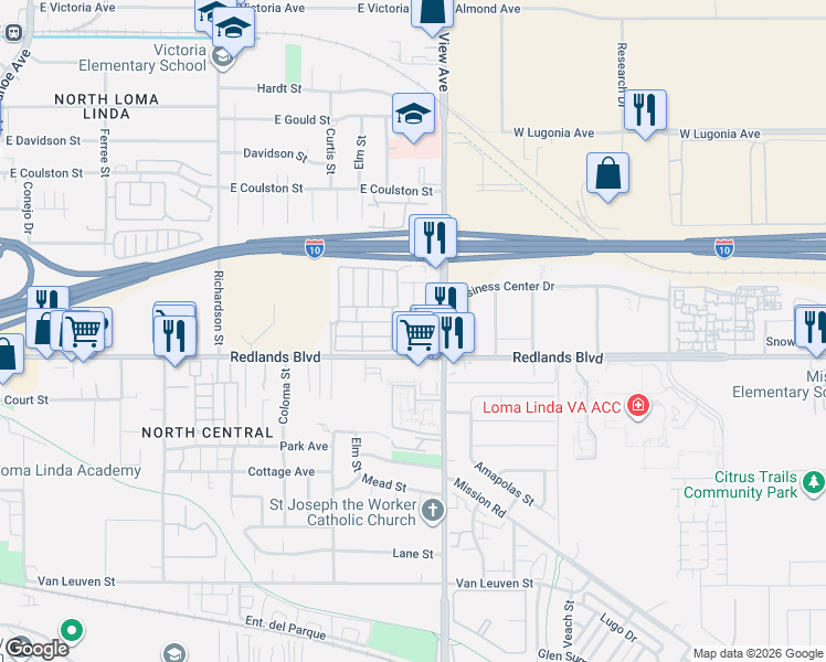 map of restaurants, bars, coffee shops, grocery stores, and more near 25670 Redlands Boulevard in Loma Linda