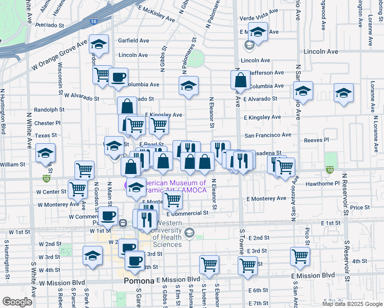 map of restaurants, bars, coffee shops, grocery stores, and more near 327 East Pasadena Street in Pomona
