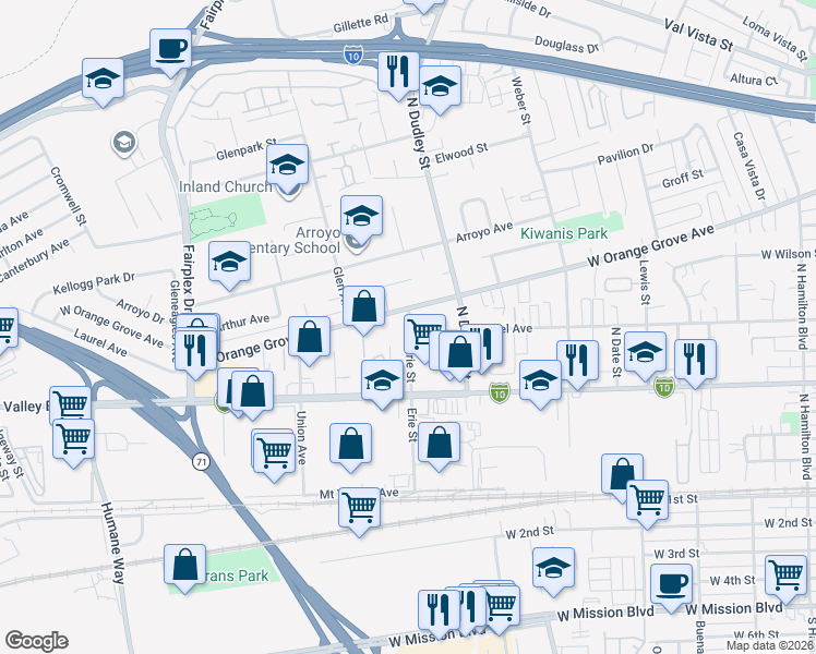 map of restaurants, bars, coffee shops, grocery stores, and more near 1646 Laurel Avenue in Pomona