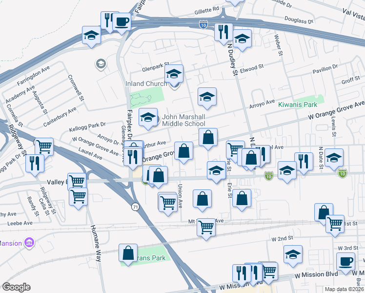 map of restaurants, bars, coffee shops, grocery stores, and more near 680 Union Avenue in Pomona