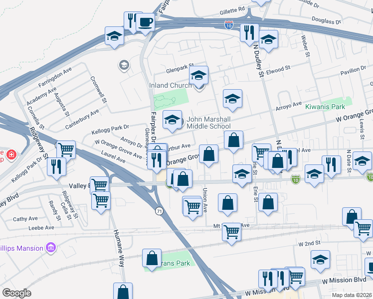 map of restaurants, bars, coffee shops, grocery stores, and more near 1951 West Orange Grove Avenue in Pomona