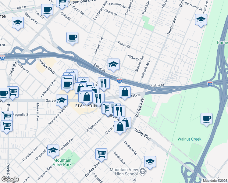 map of restaurants, bars, coffee shops, grocery stores, and more near 12114 1/2 Clora Place in El Monte