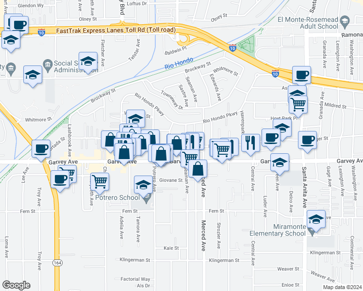 map of restaurants, bars, coffee shops, grocery stores, and more near 3026 Seaman Avenue in El Monte