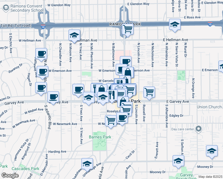 map of restaurants, bars, coffee shops, grocery stores, and more near 218 Avondale Avenue in Monterey Park