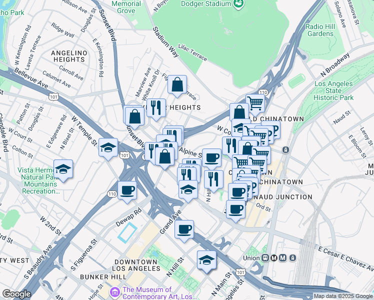 map of restaurants, bars, coffee shops, grocery stores, and more near 820 Alpine Street in Los Angeles
