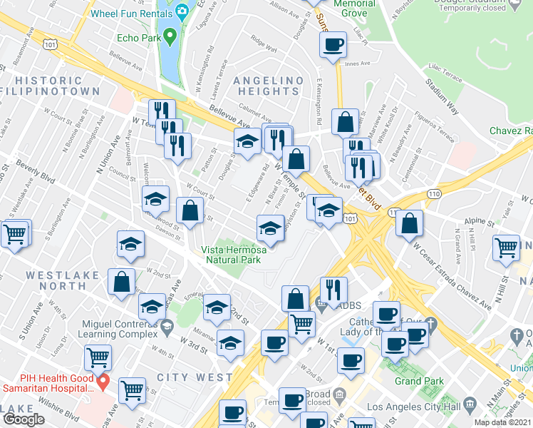 map of restaurants, bars, coffee shops, grocery stores, and more near 1246 West Court Street in Los Angeles