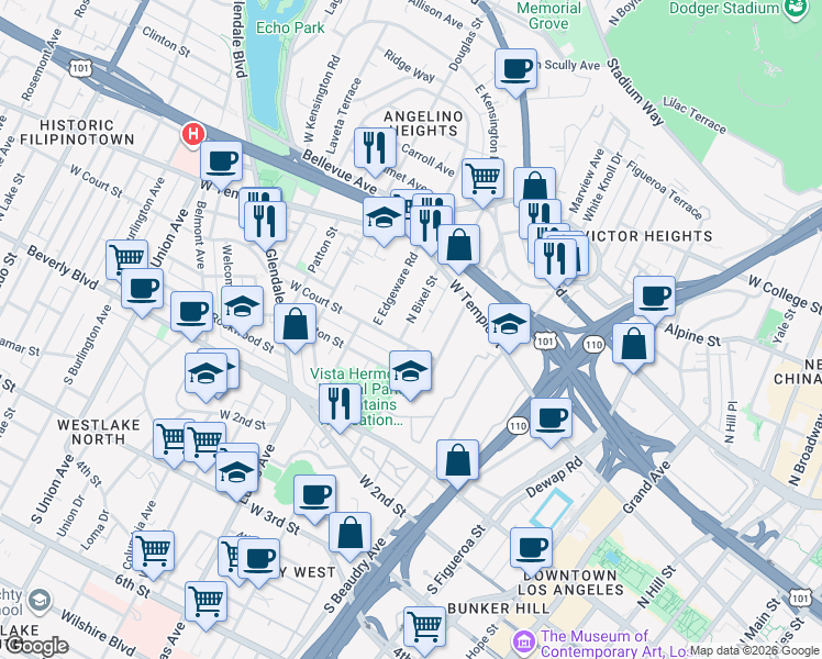 map of restaurants, bars, coffee shops, grocery stores, and more near 1246 West Court Street in Los Angeles