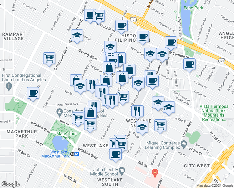 map of restaurants, bars, coffee shops, grocery stores, and more near 257 South Westlake Avenue in Los Angeles