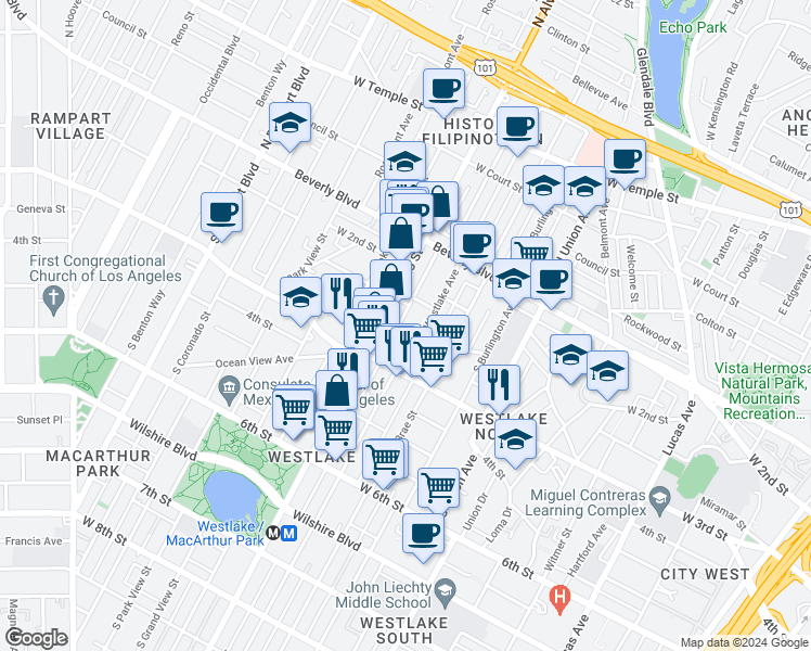 map of restaurants, bars, coffee shops, grocery stores, and more near 257 South Westlake Avenue in Los Angeles