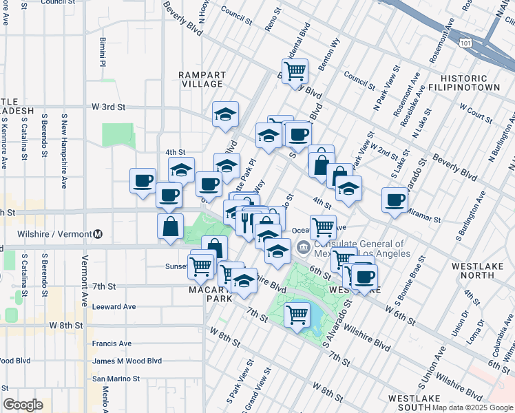 map of restaurants, bars, coffee shops, grocery stores, and more near 511 South Rampart Boulevard in Los Angeles