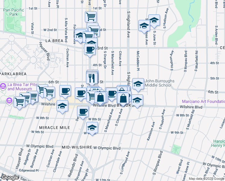 map of restaurants, bars, coffee shops, grocery stores, and more near 649 South Mansfield Avenue in Los Angeles