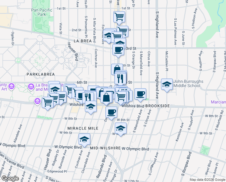 map of restaurants, bars, coffee shops, grocery stores, and more near 649 South Detroit Street in Los Angeles
