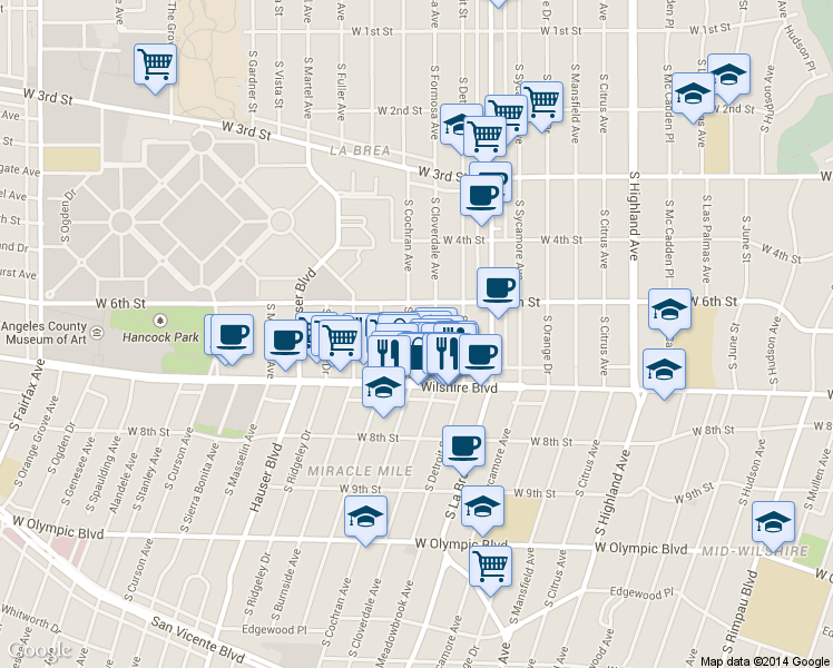 map of restaurants, bars, coffee shops, grocery stores, and more near 650 South Cochran Avenue in Los Angeles