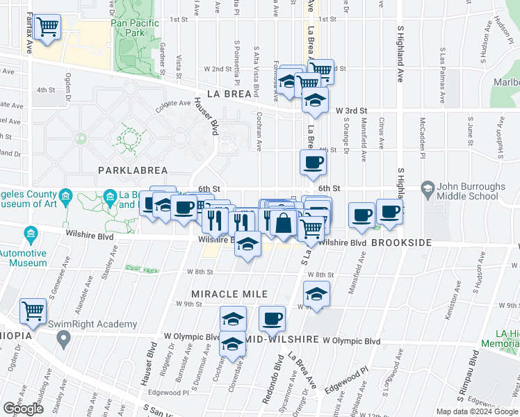 map of restaurants, bars, coffee shops, grocery stores, and more near 650 South Cochran Avenue in Los Angeles