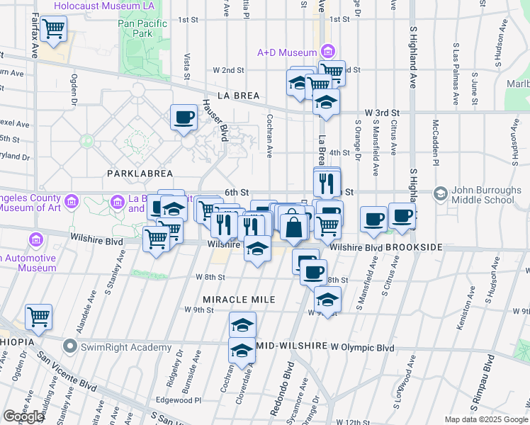 map of restaurants, bars, coffee shops, grocery stores, and more near 650 South Cochran Avenue in Los Angeles