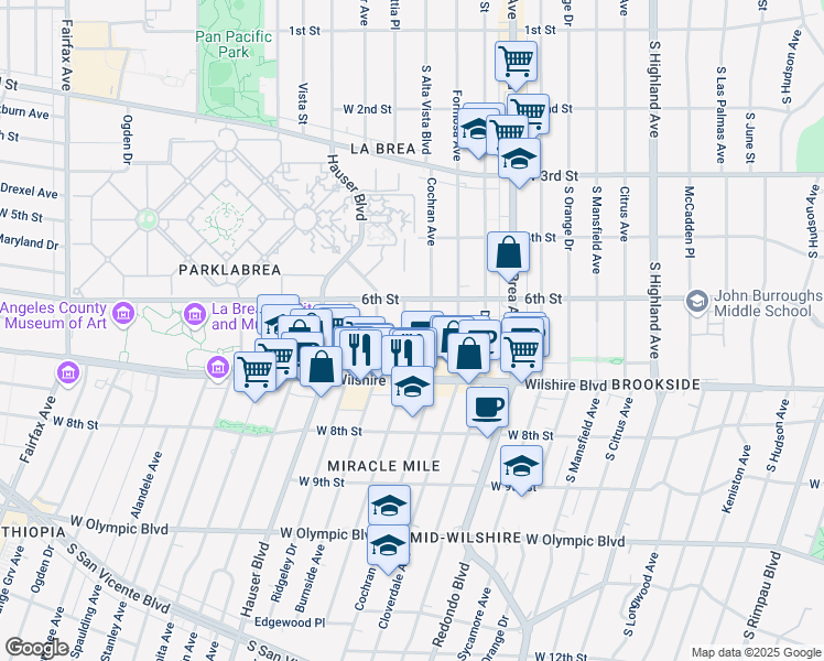 map of restaurants, bars, coffee shops, grocery stores, and more near 645 South Dunsmuir Avenue in Los Angeles