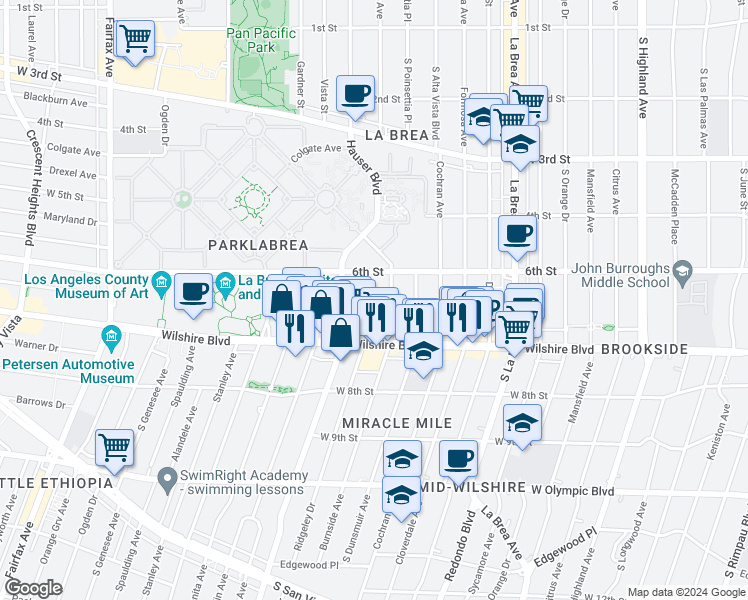map of restaurants, bars, coffee shops, grocery stores, and more near 644 South Ridgeley Drive in Los Angeles