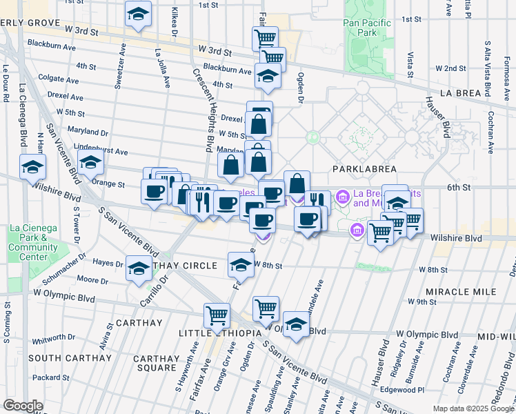 map of restaurants, bars, coffee shops, grocery stores, and more near in Los Angeles