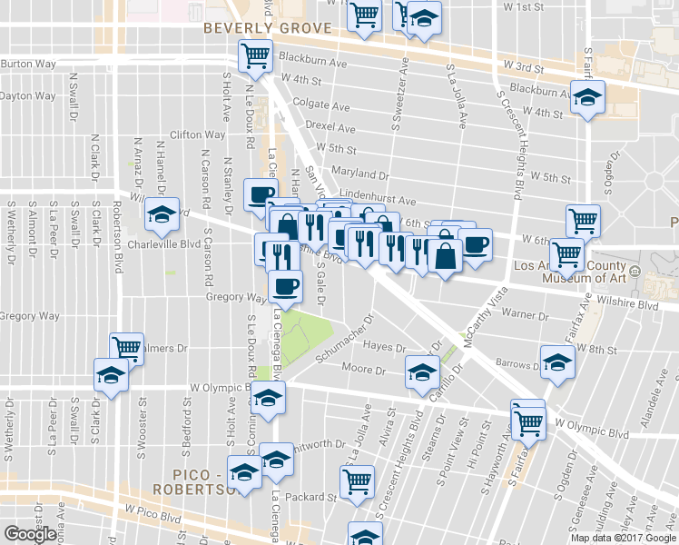 map of restaurants, bars, coffee shops, grocery stores, and more near in Los Angeles